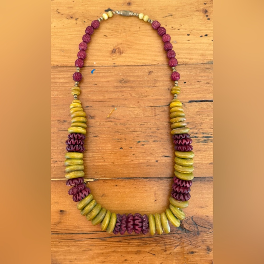 Vintage Chunky Resin Bead Necklace Maroon & Chartreuse Boho Statement
